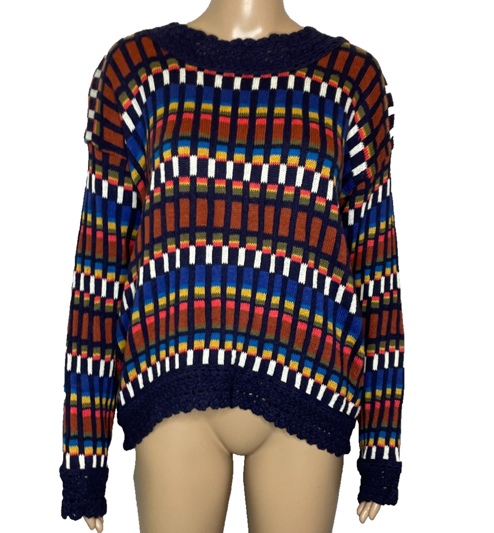 Women's Small Vtg Kitty Hawk Vivian Wang Multicolor Crochet Stripe Sweater